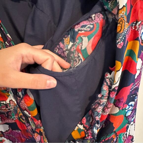 Saloni Red Blue Printed Silk Button Front Mini Dress 4 - Picture 9 of 16